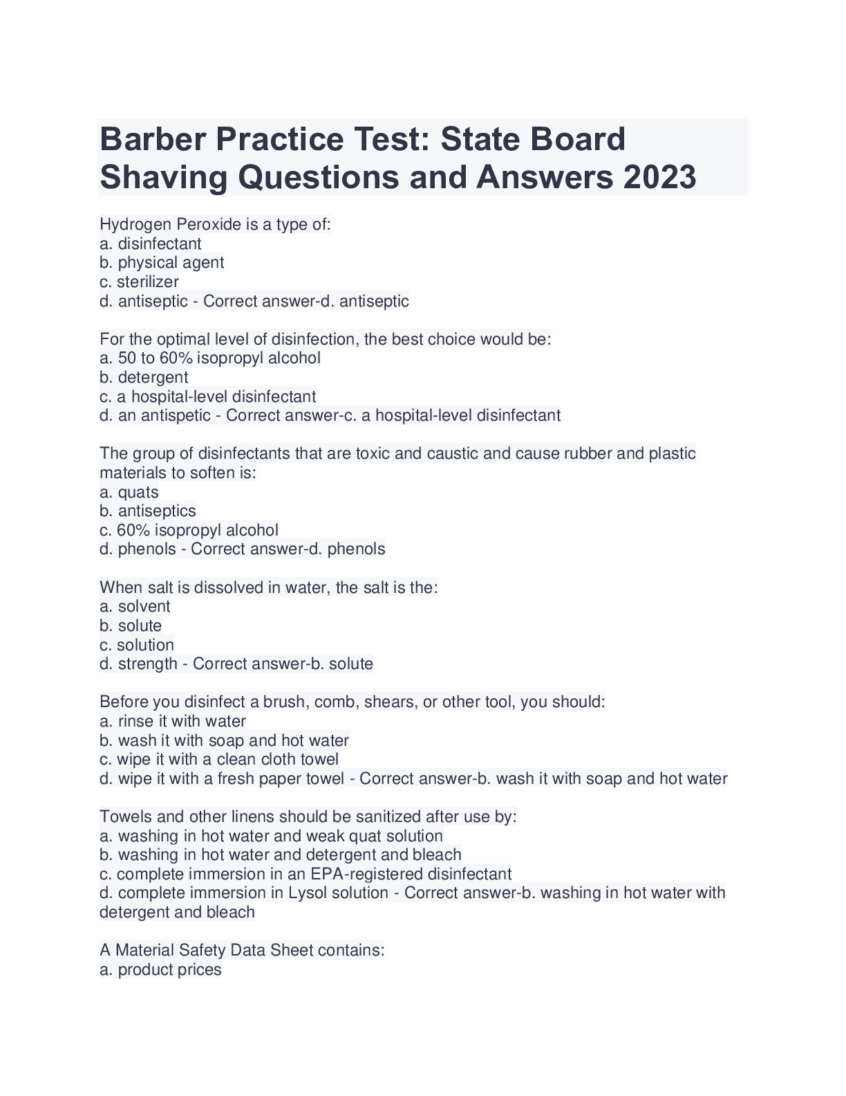 Barber Practice Test State BoardShaving Questions and Answers 2023